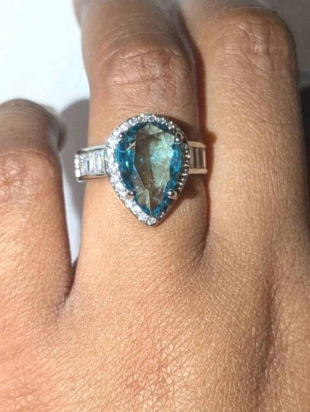 Shimmering 5ct Pear Cut Lab Created Blue Topaz Ring 14k White Gold Plated Sz 6